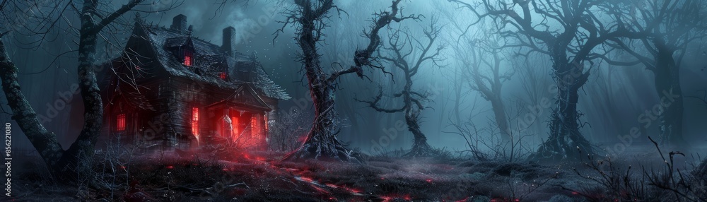 Haunted house with an eerie red glow and twisted trees Haunted house with an eerie red glow and twisted trees