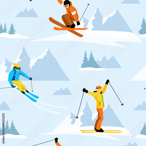 Skiers on slopes with mountains in background. Light blue backdrop. Winter sports activity. Vector illustration