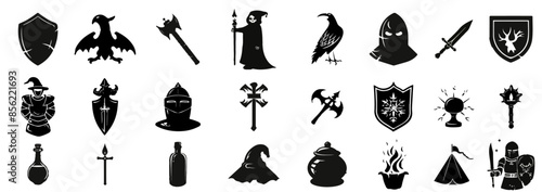 Game fantasy icon set, vector magic dungeon dragon RPG sign, medieval warrior avatar, fairytale sign. Knight battle sword, armour helmet, power weapon, witch hat, potion cauldron. Fantasy icon kit