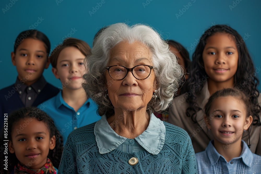 Elderly lady with glasses, surrounded by diverse grandchildren. Elderly lady with glasses, surrounded by diverse grandchildren.