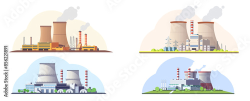 Four nuclear power plants in flat graphic style on light backgrounds, showcasing different designs. Vector illustration