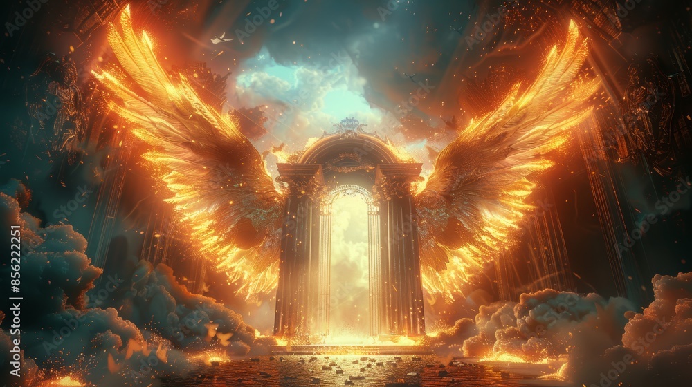 Obraz premium Glowing angel wings flanking a heavenly gate