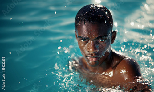 Portrait of a young black man swimming in a swimming pool, preparing for a competition photo