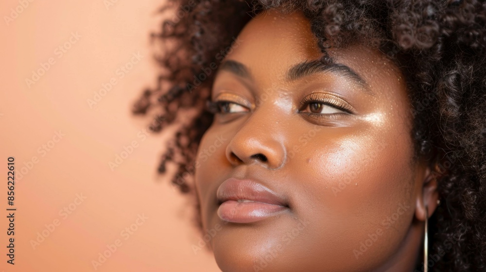 A close-up portrait of a woman with a soft glowing complexion highlighted eyes and curly hair set against a warm blurred background. A close-up portrait of a woman with a soft glowing complexion highlighted eyes and curly hair set against a warm blurred background.