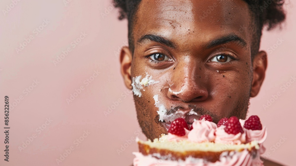A man with a smear of cake on his face enjoying a slice of cake with raspberries on top against a pink background. A man with a smear of cake on his face enjoying a slice of cake with raspberries on top against a pink background.