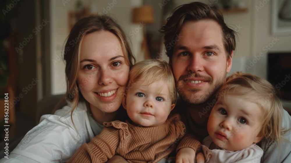 A family of four with a man and woman smiling at the camera holding two young children one in each arm in a cozy indoor setting. A family of four with a man and woman smiling at the camera holding two young children one in each arm in a cozy indoor setting.