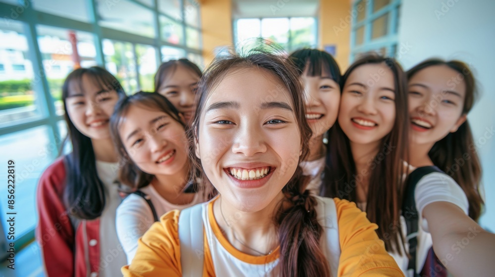 A group of six young women smiling brightly taking a selfie together in a hallway with large windows showcasing their camaraderie and joy. A group of six young women smiling brightly taking a selfie together in a hallway with large windows showcasing their camaraderie and joy.