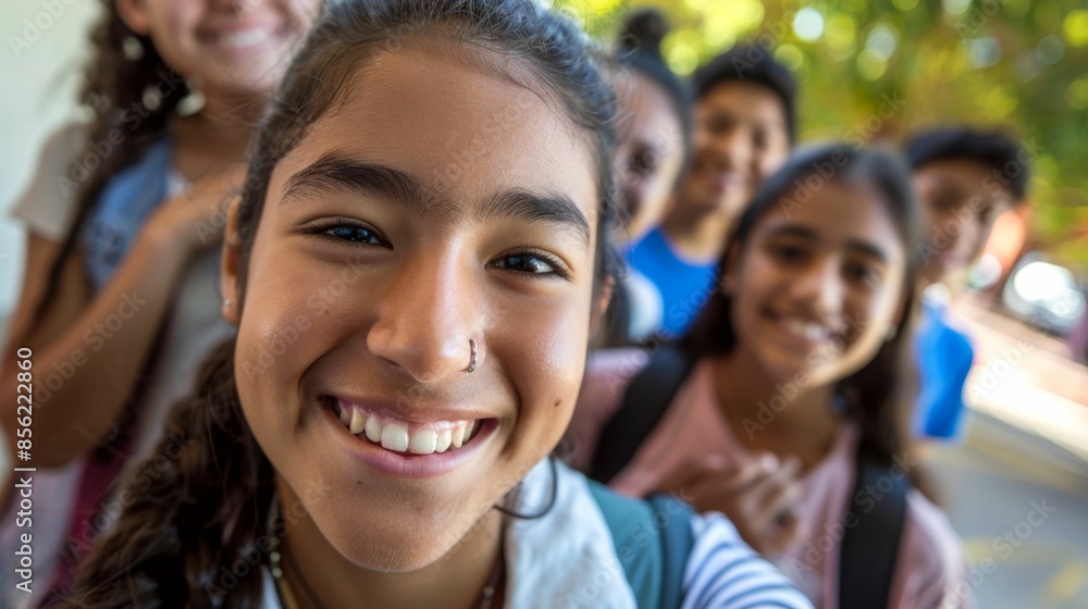 A cheerful young girl with a nose piercing smiling at the camera surrounded by a group of friends with blurred faces suggesting a candid and joyful moment. A cheerful young girl with a nose piercing smiling at the camera surrounded by a group of friends with blurred faces suggesting a candid and joyful moment.