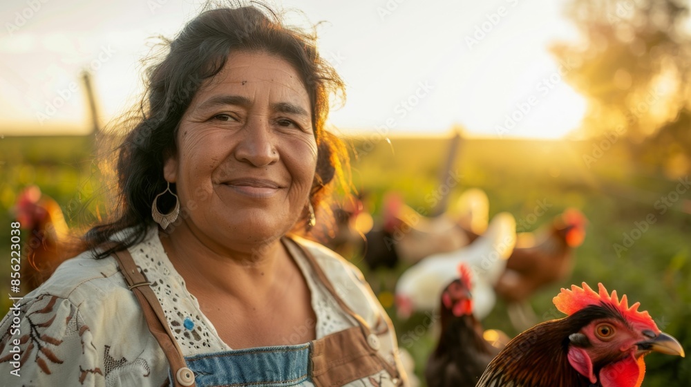 Fototapeta premium A smiling woman with dark hair wearing a white blouse with a lace collar and blue denim overalls stands in a field with chickens as the sun sets behind her.