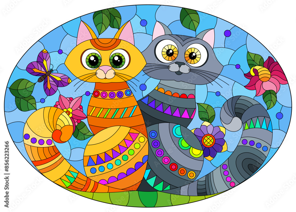 Obraz premium A stained glass illustration with a pair of cartoon cats in a meadow against a sky and flowers, oval image