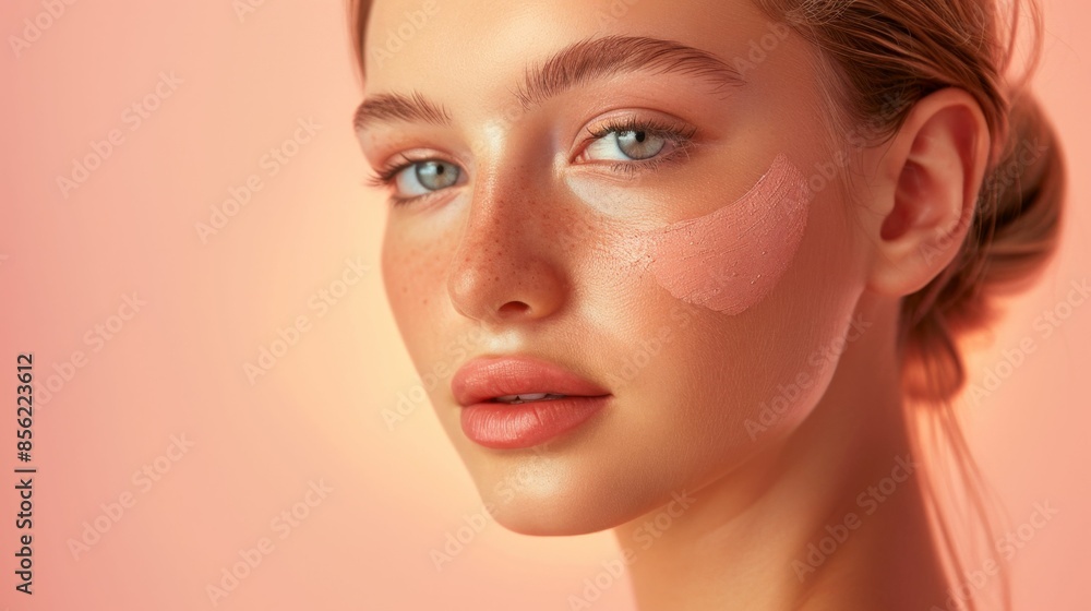 Naklejka premium A close-up of a woman's face with a soft glowing complexion featuring rosy cheeks a subtle pink blush and a hint of freckles set against a warm soft-focus background.