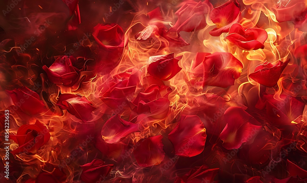 Red rose petals caught in a swirling firestorm of flames, mist, and abstract elements, offering a mesmerizing and intense visual experience Red rose petals caught in a swirling firestorm of flames, mist, and abstract elements, offering a mesmerizing and intense visual experience