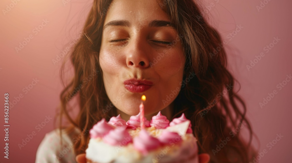A woman with closed eyes and a soft smile blowing out a single lit candle on a pink frosted cake with white and pink decorations. A woman with closed eyes and a soft smile blowing out a single lit candle on a pink frosted cake with white and pink decorations.