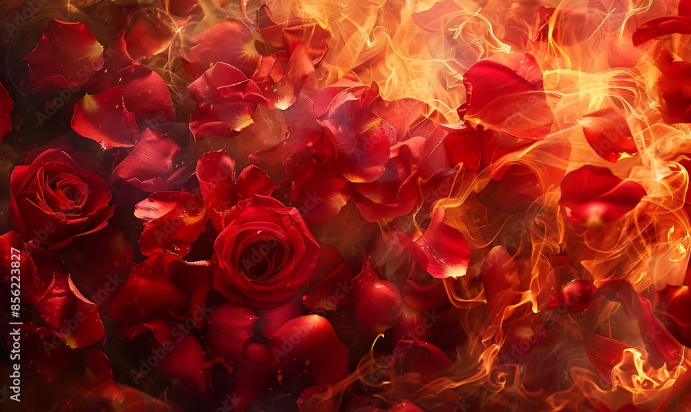 Red rose petals caught in a swirling firestorm of flames, mist, and abstract elements, offering a mesmerizing and intense visual experience Red rose petals caught in a swirling firestorm of flames, mist, and abstract elements, offering a mesmerizing and intense visual experience