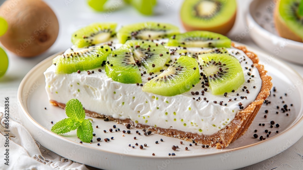 Kiwi cream pie slice on an elegant plate, creamy white filling adorned with fresh green kiwi slices and a sprinkle of black seeds, delicate presentation, elegant backdrop Kiwi cream pie slice on an elegant plate, creamy white filling adorned with fresh green kiwi slices and a sprinkle of black seeds, delicate presentation, elegant backdrop