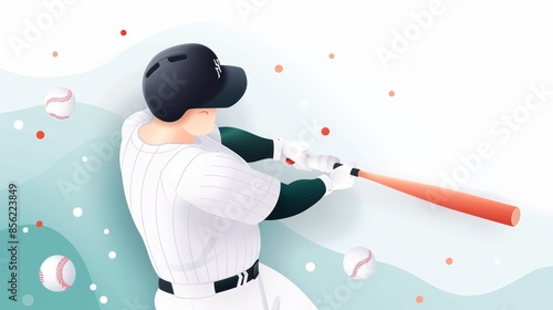 Flat design sports trading card template, top view, featuring a cartoon baseball player in vivid colors, surrounded by bold graphics and stats photo