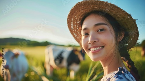 A young woman with a radiant smile wearing a straw hat stands amidst a pastoral scene with grazing cows in a field under a clear sky.