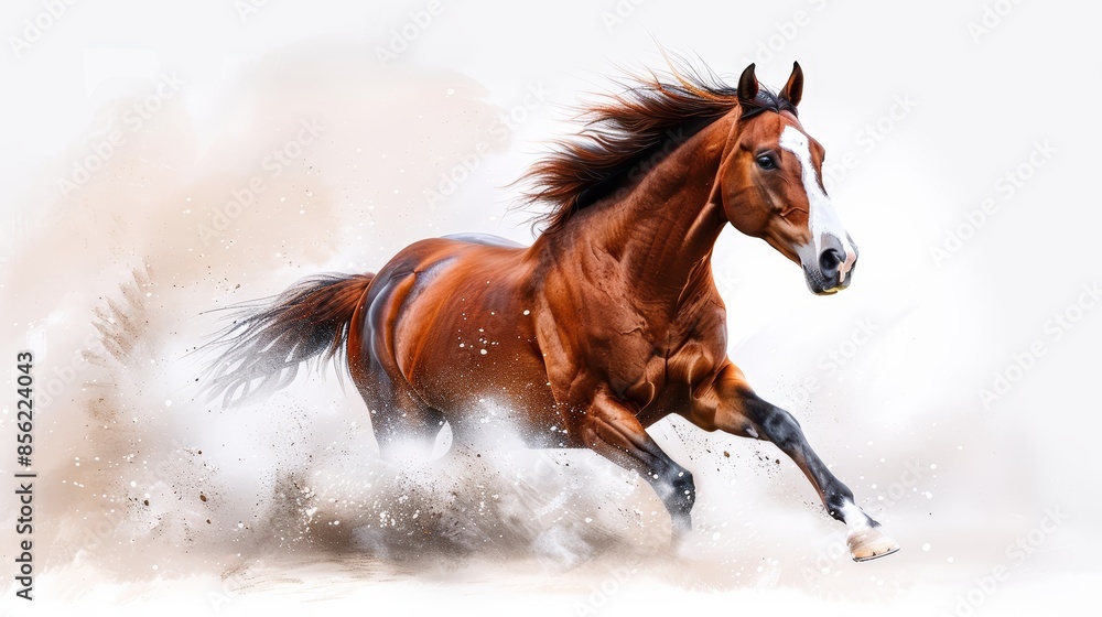 Galloping horse in an energetic pose, mane and tail flowing freely, isolated on a soft light background, emphasizing movement and power Galloping horse in an energetic pose, mane and tail flowing freely, isolated on a soft light background, emphasizing movement and power