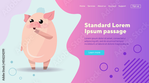 Thoughtful pig cartoon character. Pink pig standing and holding leg near snout. Animal, emotion concept can be used for banner, website design or landing page