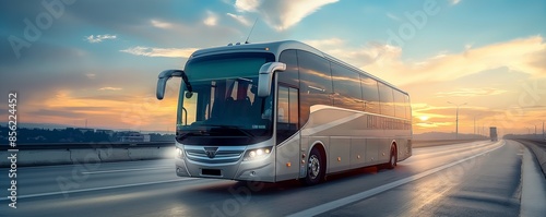 A modern coach bus travels down the highway with a beautiful sunset in the background, symbolizing travel and transportation