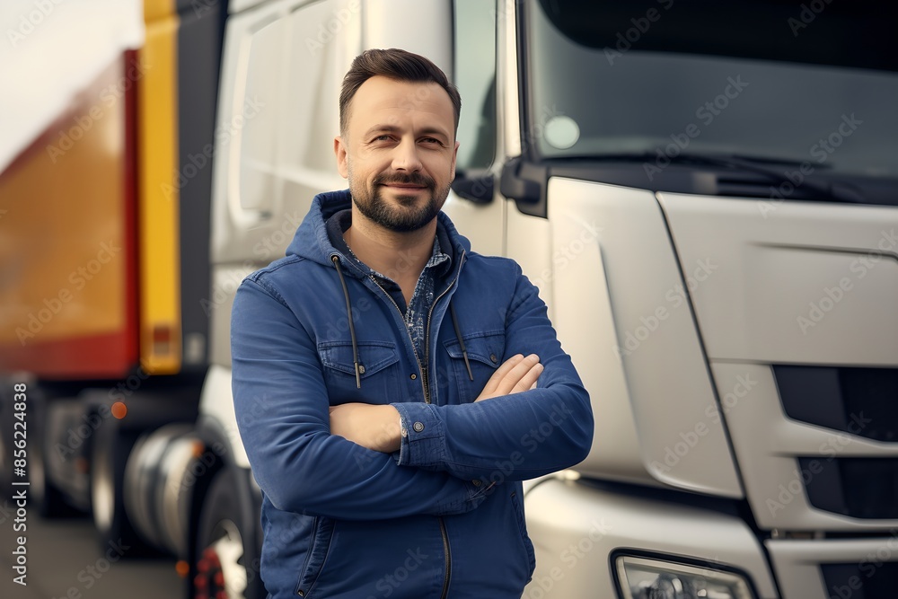 Confident trucker standing in front of truck. Logistics, trucking and transportation service. Transport industry concept. Commercial driver looks at the camera. Confident trucker standing in front of truck. Logistics, trucking and transportation service. Transport industry concept. Commercial driver looks at the camera.