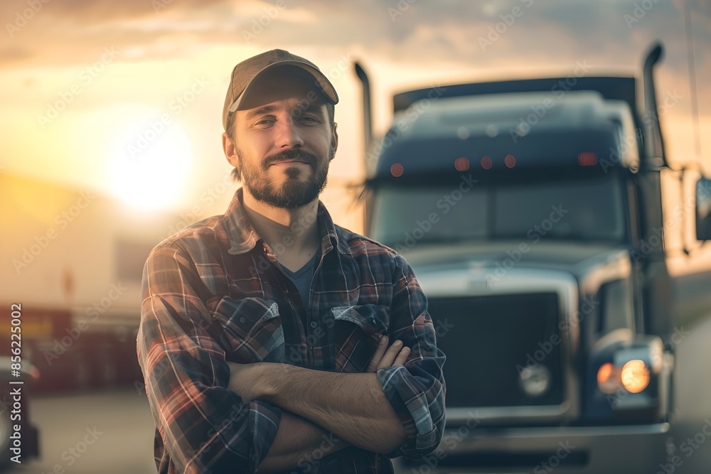 Confident trucker standing in front of truck at sunset. Logistics, trucking and transportation service. Transport industry concept. Commercial driver looks at the camera. Confident trucker standing in front of truck at sunset. Logistics, trucking and transportation service. Transport industry concept. Commercial driver looks at the camera.