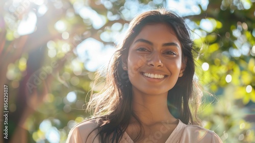 A woman with long dark hair smiling at the camera with a blu rred background of bright sunlight and green foliage. photo