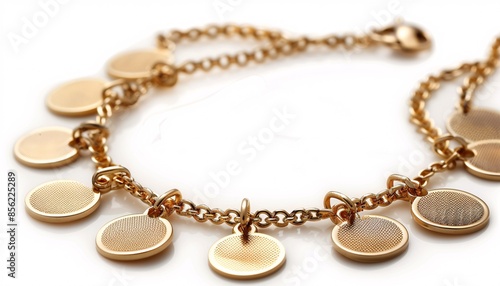 Wallpaper Mural Elegant Gold Charm Bracelet with Circular Pendants on White Background - Close-Up Jewelry Photography Torontodigital.ca