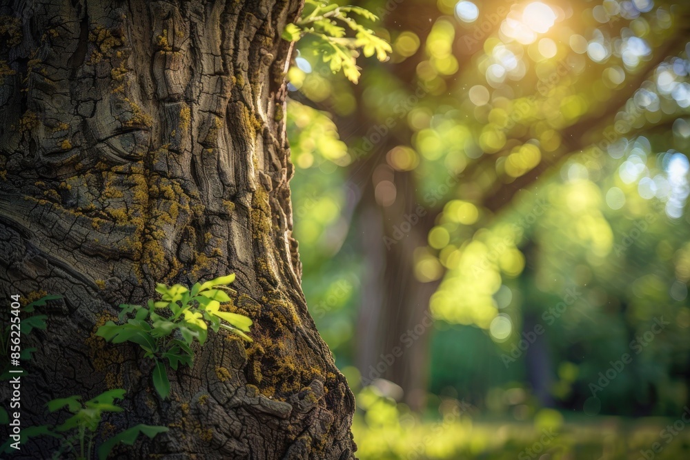 Obraz premium A macro shot of textured bark on a majestic oak tree in a mystical forest.