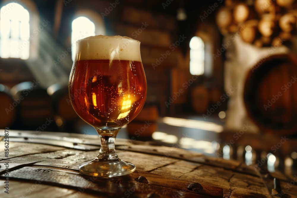 Closeup of a glass of fresh foamy beer on a table in a vintage beer cellar Closeup of a glass of fresh foamy beer on a table in a vintage beer cellar