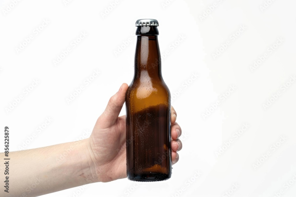 Close up Of Hand Holding Empty Beer Bottle On White Background Close up Of Hand Holding Empty Beer Bottle On White Background