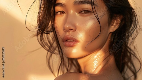 A magazine cover shot of a woman with radiant skin and a tranquil expression