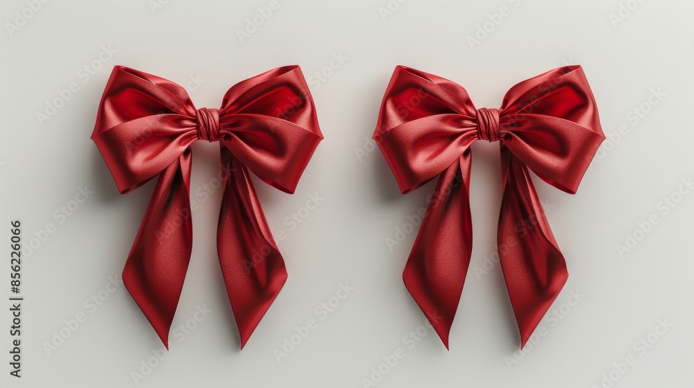 Two red satin bows on a white background, symmetrical arrangement. Holiday decoration and gift wrapping concept Two red satin bows on a white background, symmetrical arrangement. Holiday decoration and gift wrapping concept