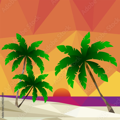 Low poly illustration tropical palm trees and sunshine on dawn background