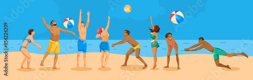 Group of people playing beach volleyball. Colorful illustration on a beach background. Concept of summer activities. Vector illustration