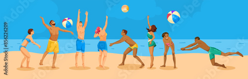 Group of people playing beach volleyball. Colorful illustration on a beach background. Concept of summer activities. Vector illustration photo