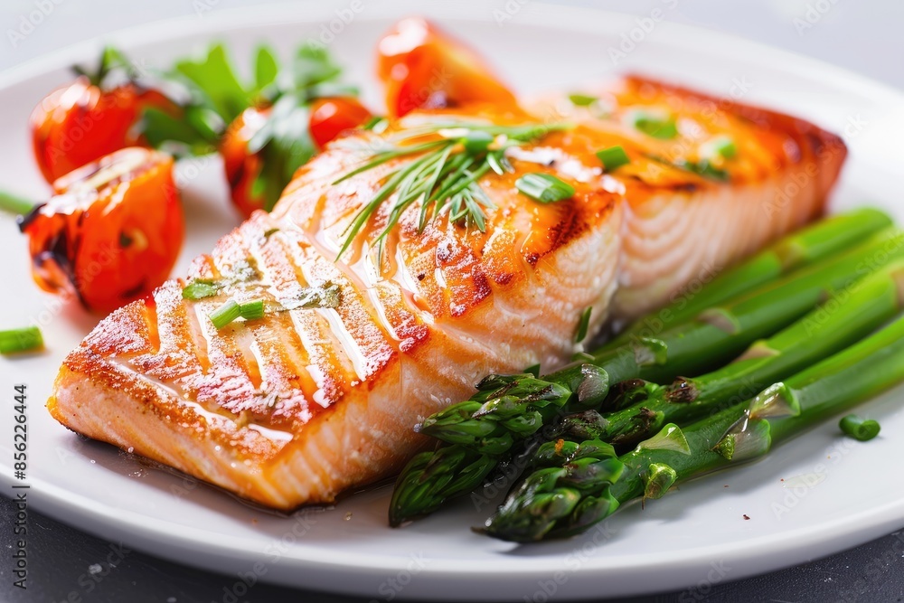 A beautifully arranged plate of grilled salmon with a side of asparagus A beautifully arranged plate of grilled salmon with a side of asparagus