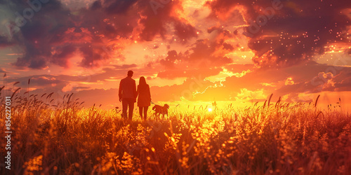 A couple and their dog walk through an open field, the tall grass swaying gently in the breeze, with the sunset creating a beautiful backdrop of oranges and purple