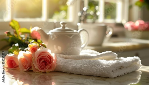 Cozy morning tea setting with a white teapot, a cup, fresh pink roses, and a towel on a sunlit kitchen countertop. © Moonroad