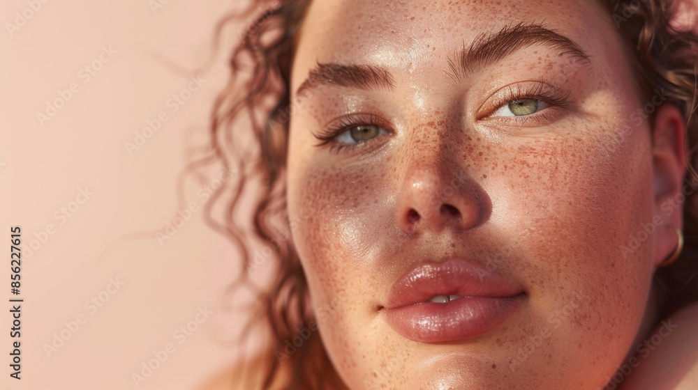 A close-up of a woman's face with rosy cheeks freckles and a soft gaze set against a pink background. A close-up of a woman's face with rosy cheeks freckles and a soft gaze set against a pink background.