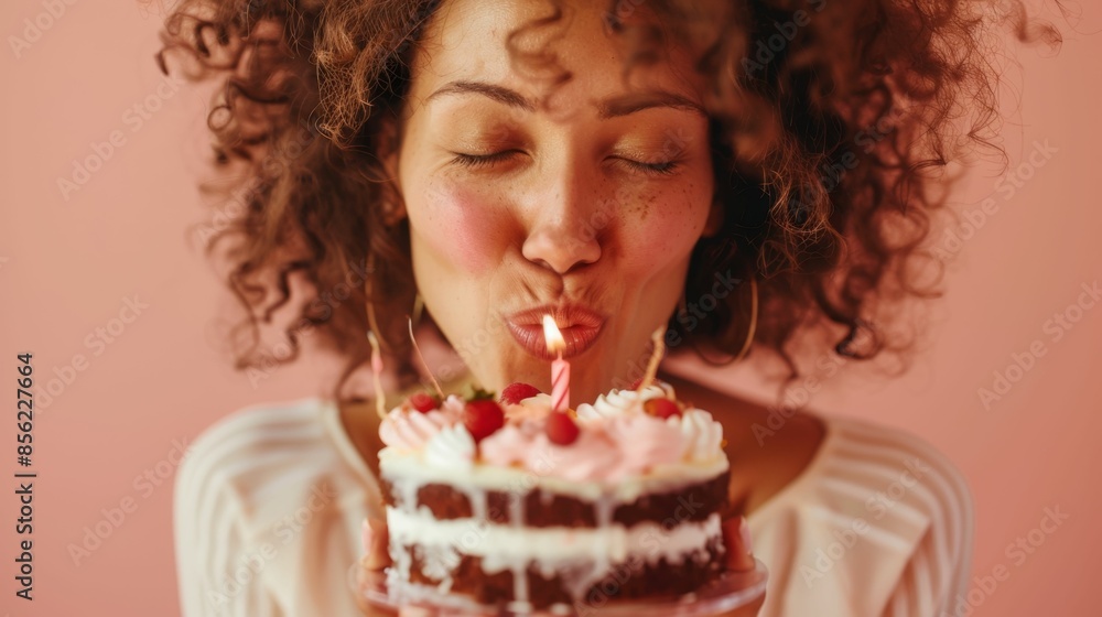 A joyful woman with curly hair blowing out a single lit candle on a chocolate cake adorned with raspberries and whipped cream. A joyful woman with curly hair blowing out a single lit candle on a chocolate cake adorned with raspberries and whipped cream.