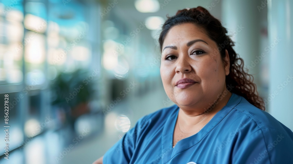 A woman in a blue uniform possibly a nurse with a warm smile standing in a well-lit hallway with blurred windows in the background. A woman in a blue uniform possibly a nurse with a warm smile standing in a well-lit hallway with blurred windows in the background.