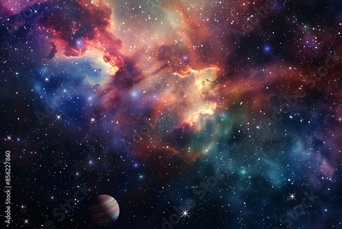 A background of a deep space scene with a nebula, stars, and a distant planet in view