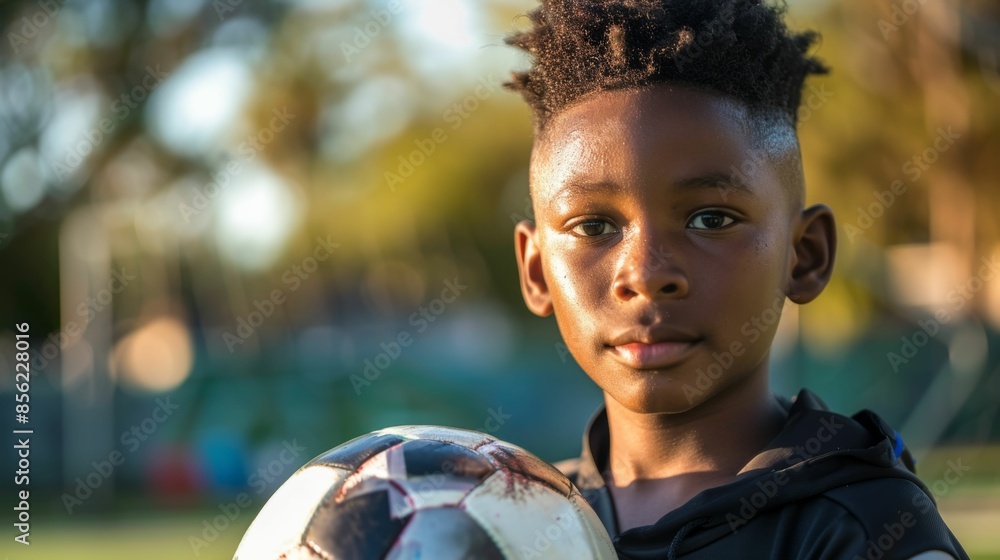 Naklejka premium Young boy with a focused expression holding a soccer ball standing in a park with trees and a fence in the background during a sunny day.