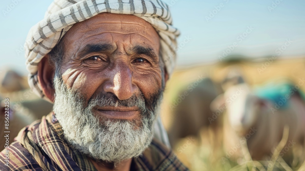 An elderly man with a white beard and turban smiling gently surrounded by sheep in a pasture. An elderly man with a white beard and turban smiling gently surrounded by sheep in a pasture.