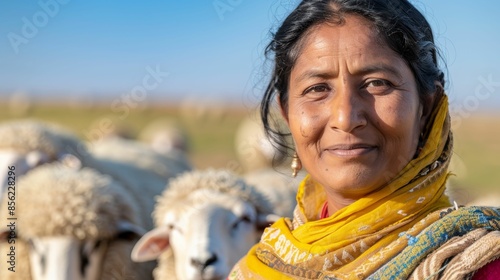 A woman with a warm smile wearing a vibrant yellow scarf stands amidst a flock of fluffy sheep in a serene open field under a clear blue sky.