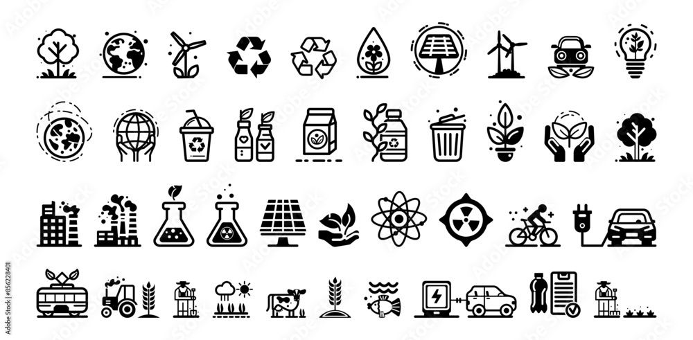 Various black environmental icons on a white background. Concepts include ecology, sustainability, and renewable energy. Vector illustration Various black environmental icons on a white background. Concepts include ecology, sustainability, and renewable energy. Vector illustration