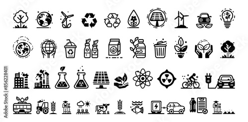 Various black environmental icons on a white background. Concepts include ecology, sustainability, and renewable energy. Vector illustration