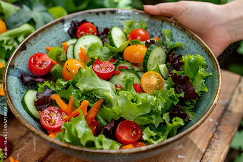 someone holding a bowl of salad with tomatoes