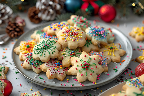 there are many cookies on a plate with sprinkles and decorations